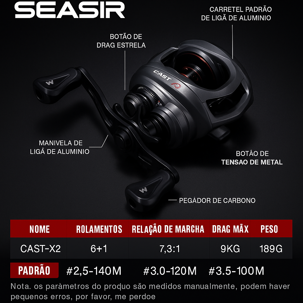 Carretilha Seasir Cast XZ, Recolhimento 7.3:1, 189g Peso, 9kg Arrasto